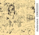 Seamless pattern on an Ancient Egypt theme with color images of Egyptian gods and handwritten text lorem ipsum. Vector abstract background in retro style. Wallpaper, wrapping paper, fabric