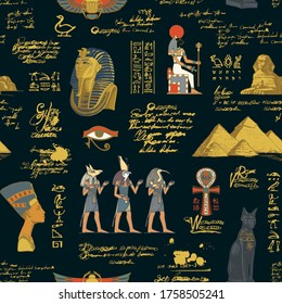 Seamless pattern on an Ancient Egypt theme with colored images and illegible scribbles on the black background. Vector repeating illustration. Suitable for Wallpaper, wrapping paper, fabric