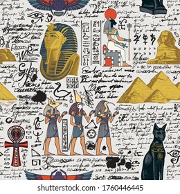 Seamless pattern on an Ancient Egypt theme with color images of Egyptian gods and unreadable scribbles in retro style. Vector abstract background. Suitable for Wallpaper, wrapping paper, fabric