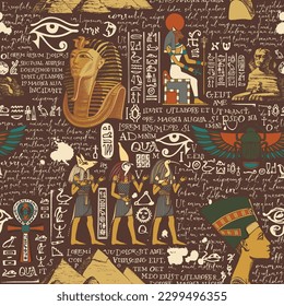 Seamless pattern on an Ancient Egypt theme with color images of Egyptian gods and handwritten text lorem ipsum. Vector abstract background in retro style. Wallpaper, wrapping paper, fabric