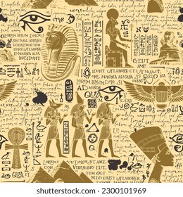 Seamless pattern on an Ancient Egypt theme with color images of Egyptian gods and handwritten text lorem ipsum. Vector abstract background in retro style. Wallpaper, wrapping paper, fabric