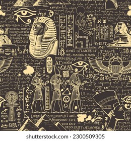 Seamless pattern on an Ancient Egypt theme with color images of Egyptian gods and handwritten text lorem ipsum. Vector abstract background in retro style. Wallpaper, wrapping paper, fabric