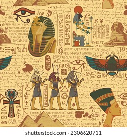 Seamless pattern on an Ancient Egypt theme with color images of Egyptian gods and handwritten text lorem ipsum. Vector abstract background in retro style. Wallpaper, wrapping paper, fabric