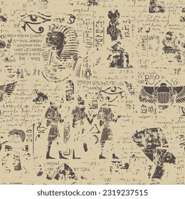 Seamless pattern on an Ancient Egypt theme with images of Egyptian gods and handwritten text lorem ipsum. Vector abstract background in retro style. Wallpaper, wrapping paper, fabric