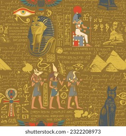 Seamless pattern on an Ancient Egypt theme with color images of Egyptian gods and unreadable scribbles in retro style. Vector abstract background