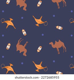Seamless pattern on an Arabian theme. Camel on blue background with lamp and lantern. Flat vector illustration.