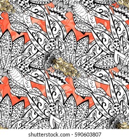 Seamless pattern on background with golden elements and with white doodles. Seamless Golden pattern. Vector oriental ornament.