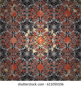 Seamless pattern on background with golden elements and with white doodles. Vector oriental ornament.