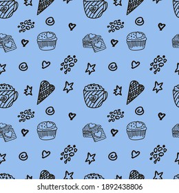 Seamless pattern on the background. Mug, waffles, cute cake with hearts. Vector. Doodle style. Hearts. Valentine's Day. A mug of hot drink. Suitable for fabric, paper and wallpaper.