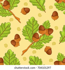 Seamless pattern on the background. Oak branch with leaves and acorns. Vector illustration.