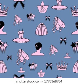 seamless pattern on a ballet theme with images of a ballerina's head, tutus, Pointe shoes, hairpins, crowns, bags on a blue background in pink