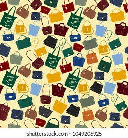 Seamless pattern on the basis of stylish female shopping bags on a light background