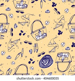 Seamless pattern on a beach theme with a hat, bikini, ballet flats, sunglasses, bag, seashell, stones and heart. Vector illustration. All the elements are not cropped and hidden behind a mask.