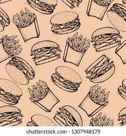 Seamless pattern on a beige background, fast food: hamburger, cheeseburger, french fries, isolated