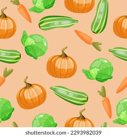 Seamless pattern on beige background with zzucchini, pumpkin and cabbage. Colourful handdrawn vector background. 