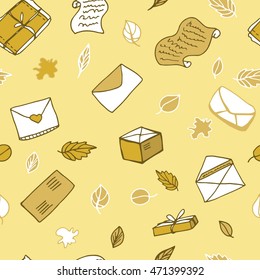 seamless pattern. on a beige background color elements: envelope, letter, parcel, paper.