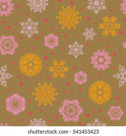 Seamless pattern on beige background. Vector snowflakes winter New Year frame.