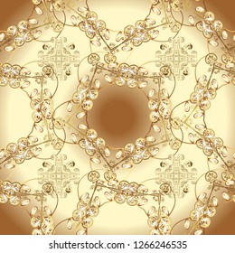 Seamless pattern on beige and brown colors with golden elements. Seamless texture curls. Brilliant lace, stylized flowers, paisley. Oriental style arabesques. Vector. Openwork delicate golden pattern.