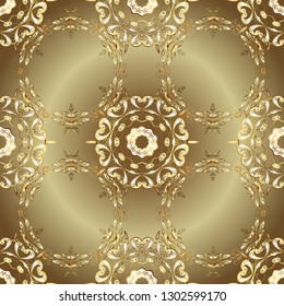 Seamless pattern on beige and brown colors with golden elements. Classic vintage background. Traditional orient ornament. Classic vector golden seamless pattern.