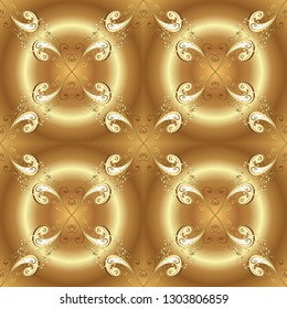 Seamless pattern on beige and brown colors with golden elements. Vector illustration. Traditional orient ornament. Classic vintage background. Seamless classic vector golden pattern.