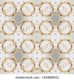 Seamless pattern on beige and gray colors with golden elements. Classic vintage background. Traditional orient ornament. Seamless classic vector golden pattern.