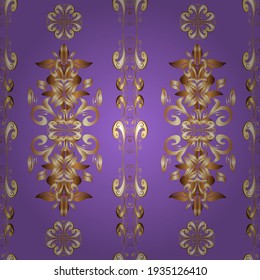 Seamless pattern on beige, violet and brown colors with golden elements. Vector oriental ornament. Seamless golden pattern.