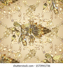 Seamless pattern on beige and yellow colors with golden elements. Seamless golden pattern. Vector oriental ornament.