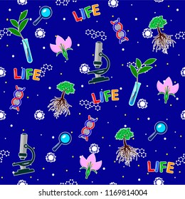 Seamless pattern on the biology school theme. All elements are located on different layers and can be easily manipulated.

