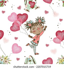 Seamless pattern on the birthday theme. Funny cute dark-skinned girl with balloons and gifts and a cake for the evening. Vector.