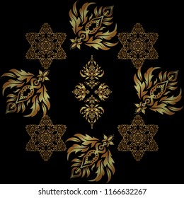 Seamless pattern on a black backdrop. Traditional indian style, ornamental floral elements for henna tattoo, printing, golden stickers, mehndi, yoga design. Vector art of golden mehndi.