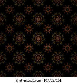 Seamless pattern on black background. Simple snowflakes seamless pattern, floral elements, decorative ornament. Vector illustration. Arab, Asian, ottoman motifs in yellow, green and brown colors.