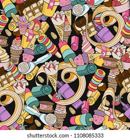 Seamless pattern on black background. Hand-drawn ice cream. Miscellaneous ice cream with topping, nuts, berries, chocolate and cookies. Vector illustration of Doodle.