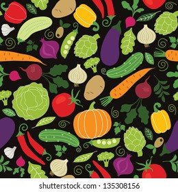 seamless pattern on a black background , vegetables illustrations