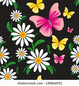Seamless pattern  on a black background with Chamomiles and Butterflies