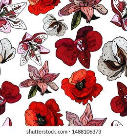 Seamless pattern on a black background from blooming calendula, orchid, lilium, tulip and poppy. Delicate abstract floral print.