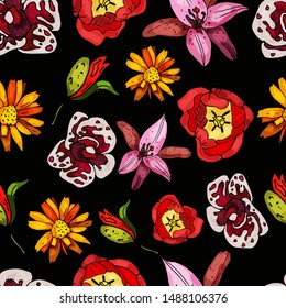 Seamless pattern on a black background from blooming calendula, orchid, lilium, tulip and poppy. Delicate abstract floral print.