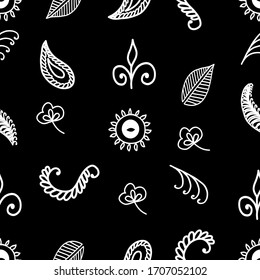 Seamless pattern on black background white ornaments, Oriental style, mehendi, Indian, tattoo