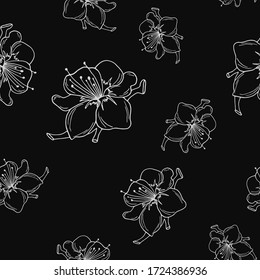 Seamless pattern on a black background. Hand drawn cherry twigs with contour flowers. Sakura plant silhouette on a white background. Perfect for invitations, cards, prints, flyers, posters.