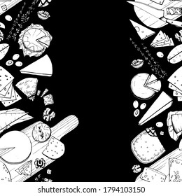 Seamless pattern on black background. Hand drawn illustration of different types of cheese. Serving gourmet cheese. Dairy farm products. Cheese store. Handwritten graphic technique
