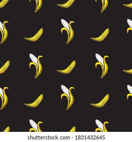 Seamless pattern on a black background. Bananas whole and open. Flat style. Various yellow bananas. Black and yellow palette. Suitable for bright fabrics, paper and wallpaper wall decoration.