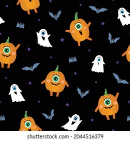 Seamless pattern on a black background. Halloween. Pumpkins, bats, ghosts and stars in the dark sky. Frightening grimaces. A flat illustration made in the vector. For wrapping paper, textiles, design