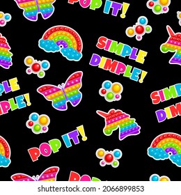 Seamless pattern on a black background with fashionable anti-stress games, different shapes. Handmade toy in rainbow colors.