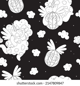 Seamless pattern on a black background. Paper for gifts. Cute coloring page for kids. A kind vector wallpaper with unicorns, birds and clouds. For girls.