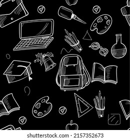 Seamless pattern on a black background, books, textbooks, laptops, school themes.