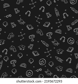 Seamless pattern on a black background for children's school, cups, medals, whistle, books, vector.