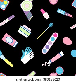 Seamless pattern on black background - Makeup tools in modern flat style - colorful seamless pattern, vector illustration for textile, paper, background design.
