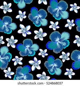 Seamless pattern on black background. Vector hand drawn painting of hibiscus flowers in blue, neutral and violet colors.