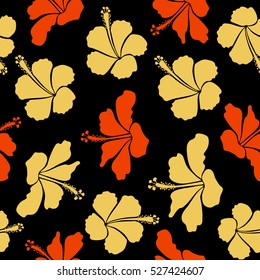 Seamless pattern on black background. Vector hand drawn painting of hibiscus flowers in orange and yellow colors.