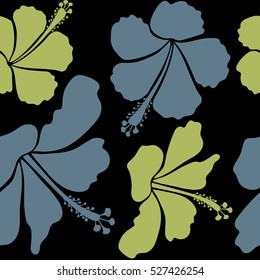 Seamless pattern on black background. Vector hand drawn painting of hibiscus flowers in green and neutral colors.