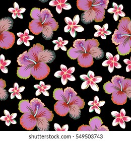 Seamless pattern on black background. Vector hand drawn painting of hibiscus flowers in orange, green and brown colors.